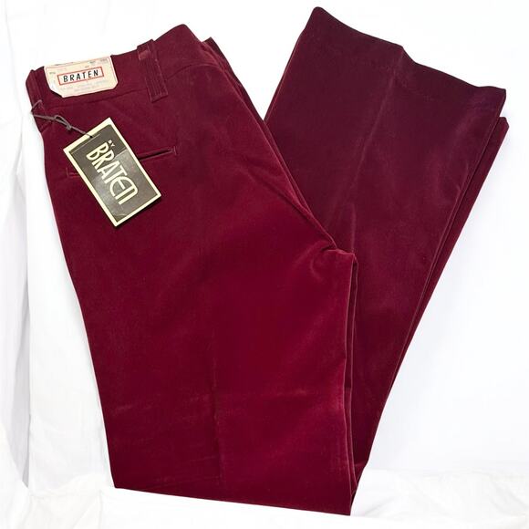 Vintage 70s Braten Velvet Pants 36x32 Burgundy Red NOS Wide Leg Party Retro Glam - Picture 1 of 10